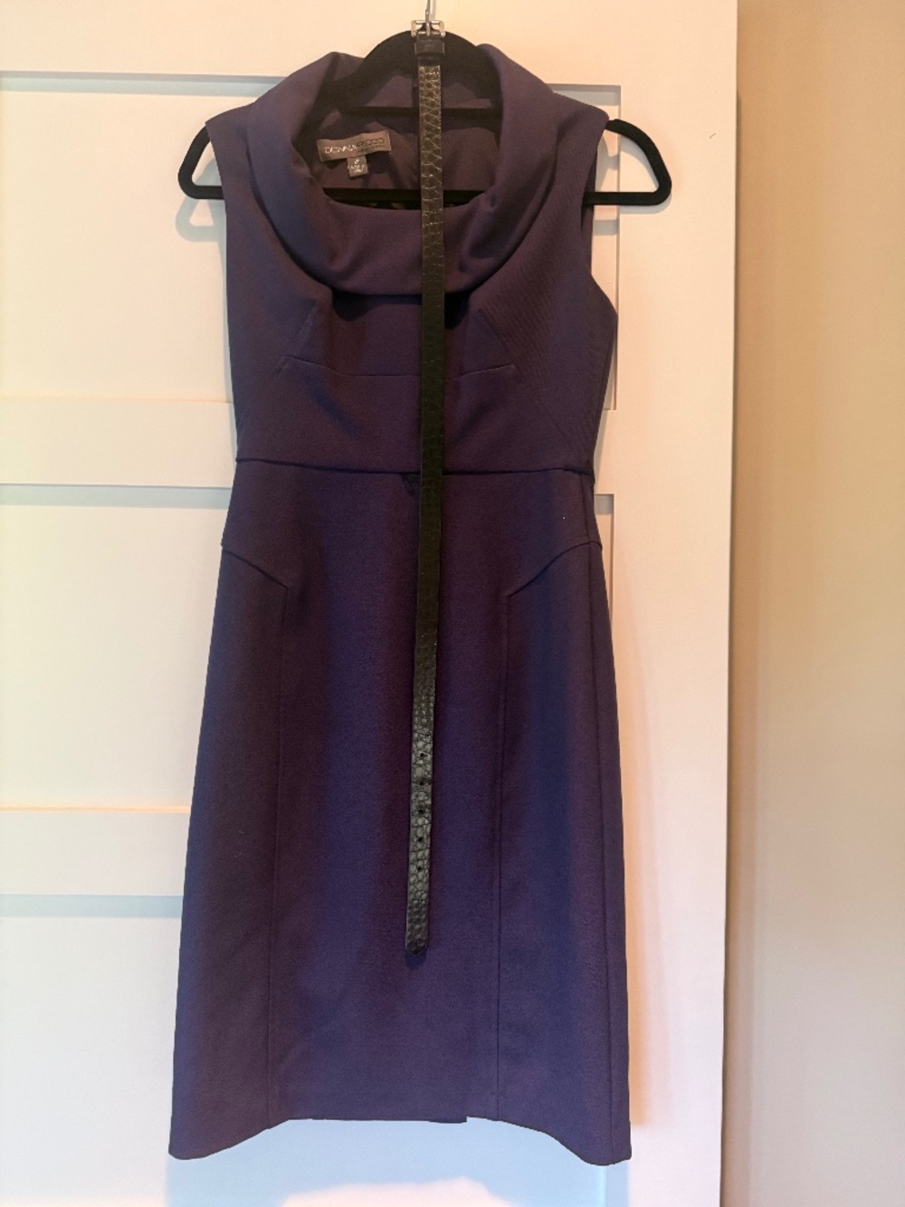 Donna Ricco Dark Purple Knee length Dress with Black Belt